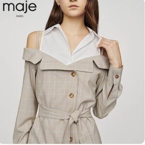 Maje Beige Plaid Off-Shoulder Mini Dress